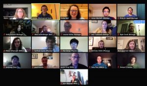 A montage of 21 faces in a virtual meeting.