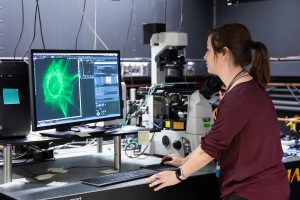 Professor Patteson working on a microscope in her laboratory