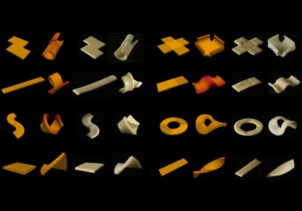 An array of 32 pasta shapes in various states of folding