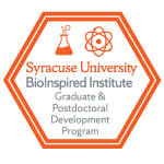 The logo of BioInspired's professional development badge: a hexagon with text and scientific line-art inside