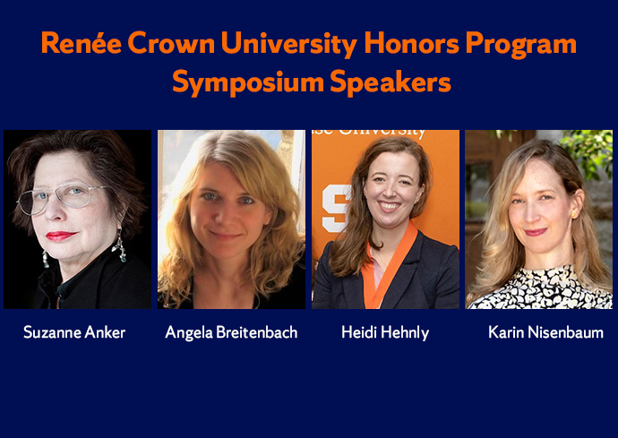 Headshots of Renée Crown University Honors Program Symposium Speakers Anker, Breitenbach, Hehnly, and Nisenbaum