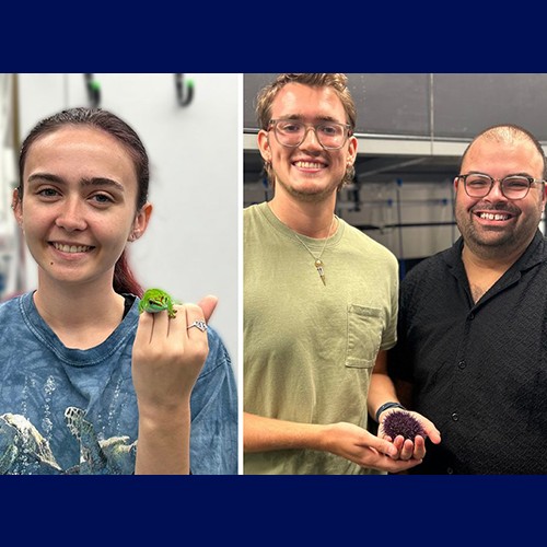 Students and faculty with sea urchin in lab